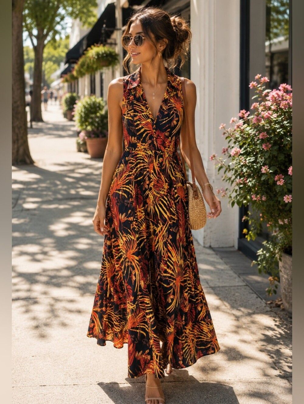 Vintage Scarlett Black Maxi Dress with Yellow & Orange Leaf Print